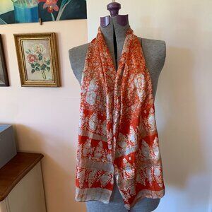 VTG Orange Batik Silk Scarf Dyed India Paisley 60x12" Hand Rolled Boho Handmade